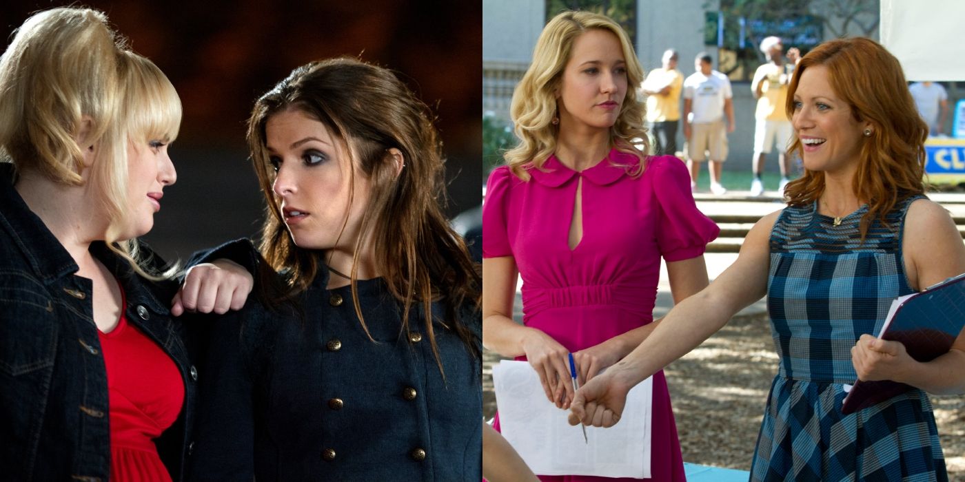 Split image of Amy, Beca, Amy and Chloe in Pitch Perfect