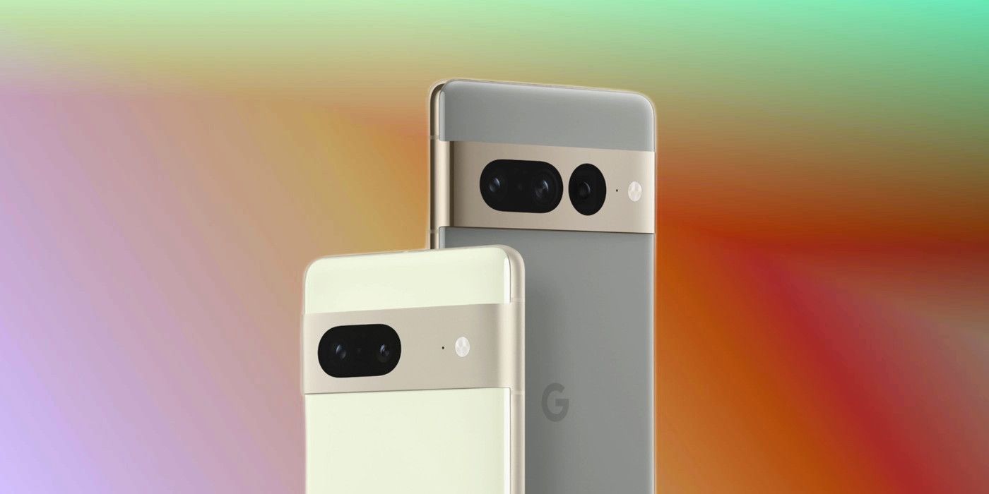 Pixel 7 dan 7 Pro digambarkan dari belakang dengan latar belakang gradien khusus