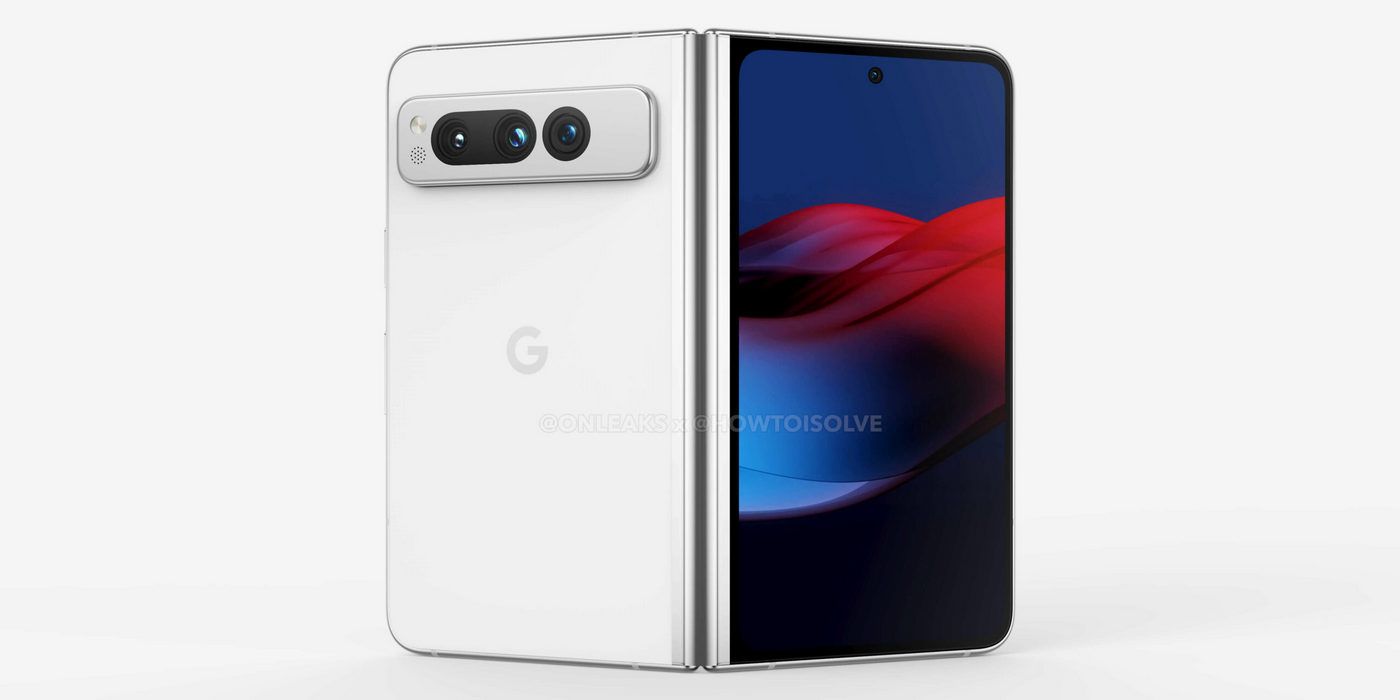 Google Pixel Fold render showing the unfolded device from the outside. The cover display with the punch-hole camera and the rear panel with the camera bar are pictured