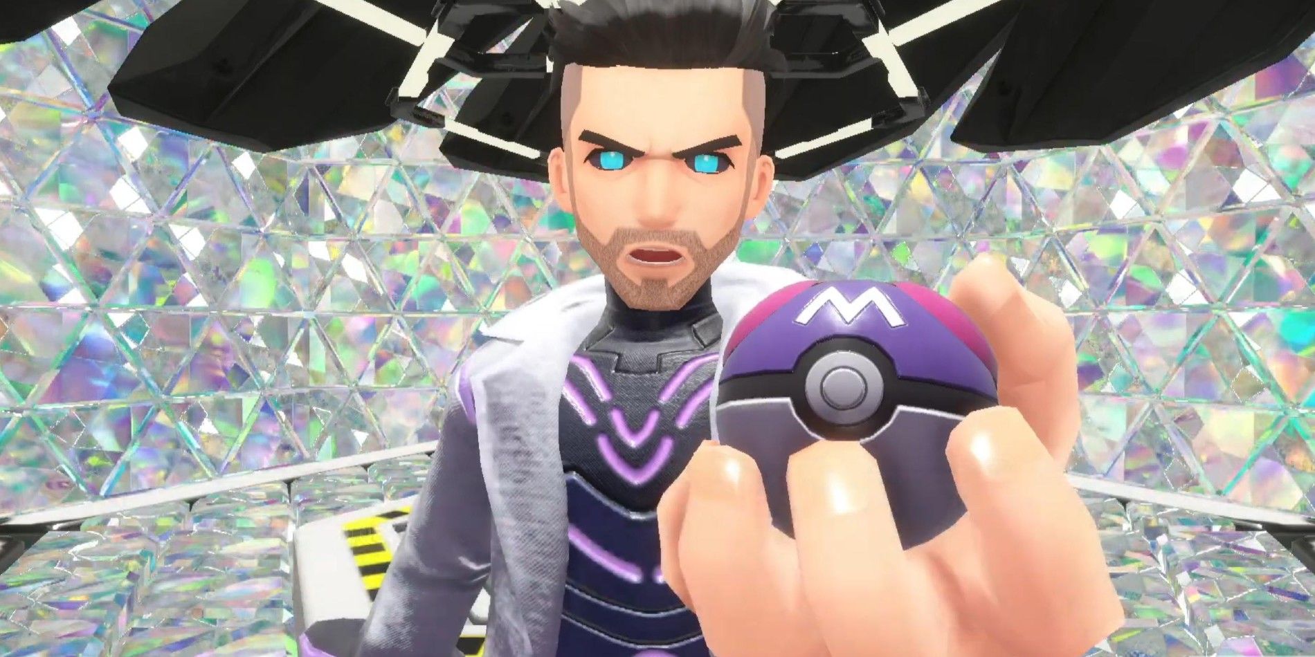 Professor Turo from Pokémon Violet, standing in a chamber with kaleidoscopic walls and holding a Master Ball toward the camera while his eyes are completely a bright blue.