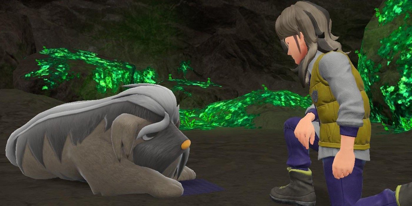 Arven kneeling next to a prone Mabostiff in Pokémon Scarlet and Violet.