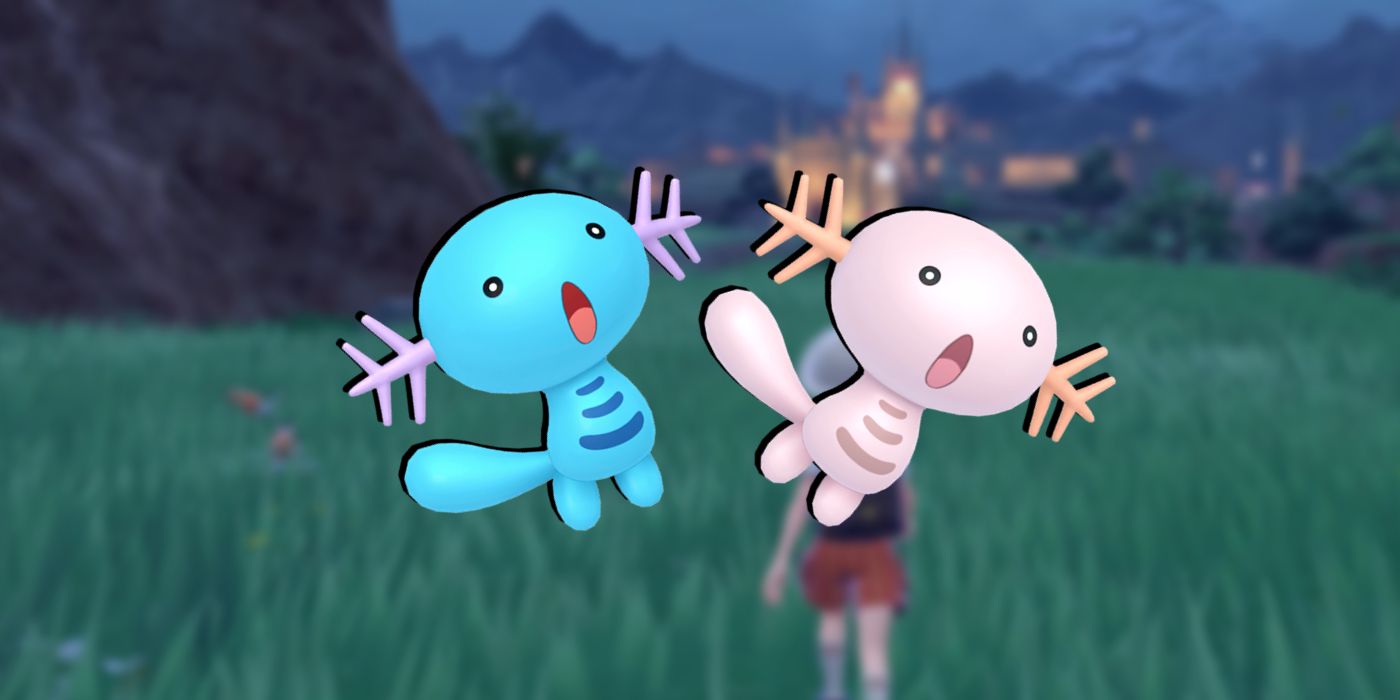 A regular and a Shiny Wooper in front of a background showing a trainer out in a wild area of Pokémon Scarlet and Violet.