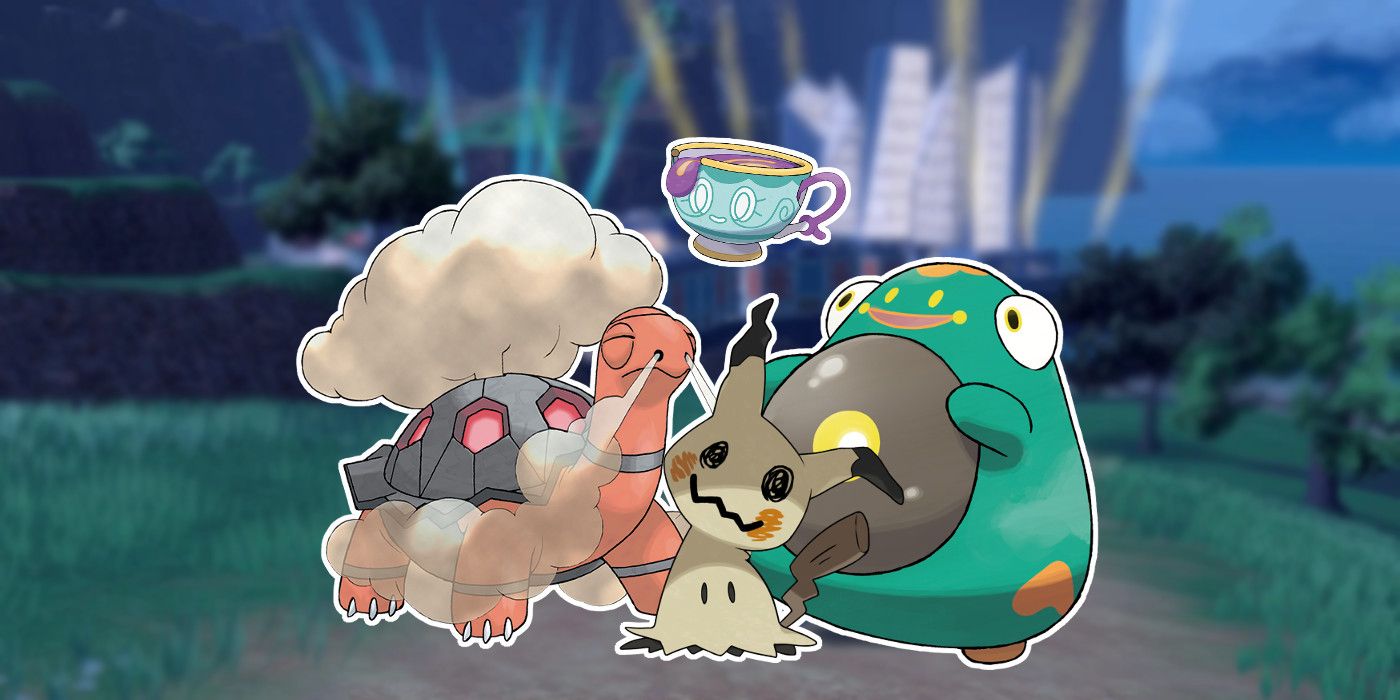 Four Pokémon - Torkoal, Sinistea, Mimikyu, and Bellibolt - in a group in front of a blurred background showing Pokémon Scarlet and Violet's East Province region of Paldea.