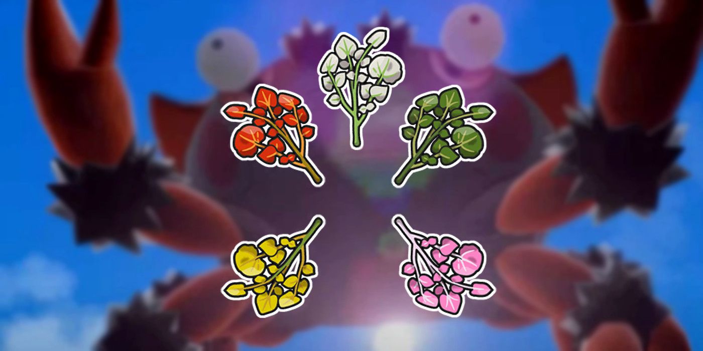 Os cinco itens Herba Mystica de Pokémon Scarlet e Violet em frente a um fundo de Titan Klawf.