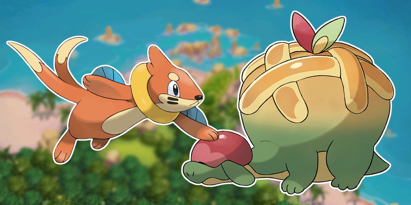 Buizel and Appletun at New Pokémon Snap's Beach level.