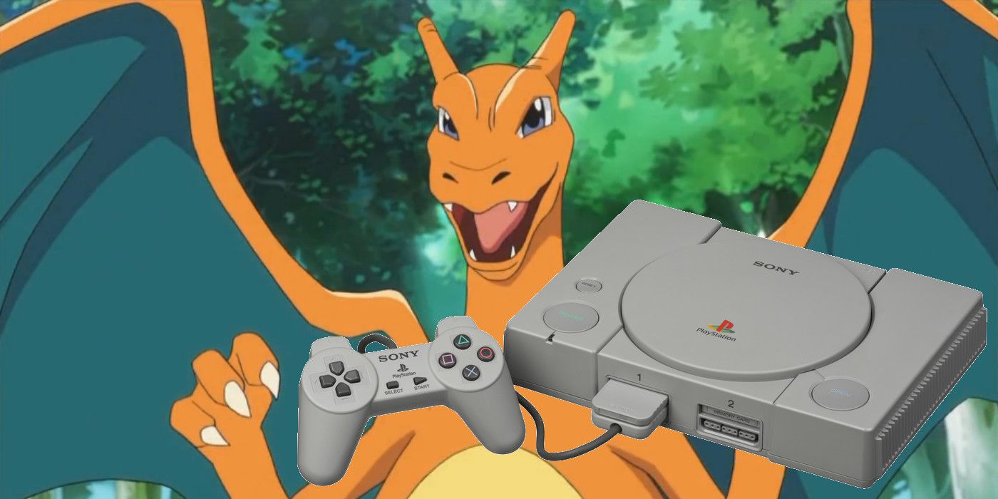 Charizard uit de Pokemon-anime met een PlayStation 1 ervoor