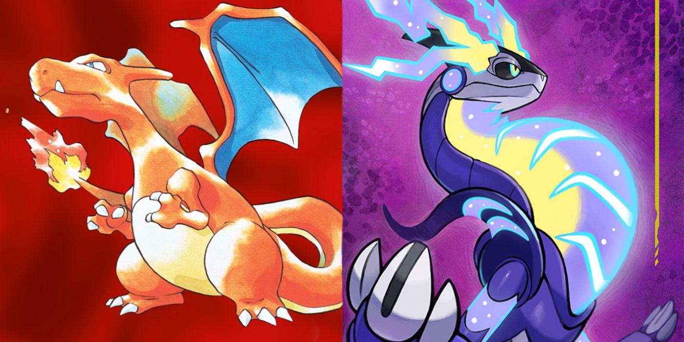 Box art for Pokémon Red and Pokémon Violet - Charizard is on the left with Miraidon on the right.