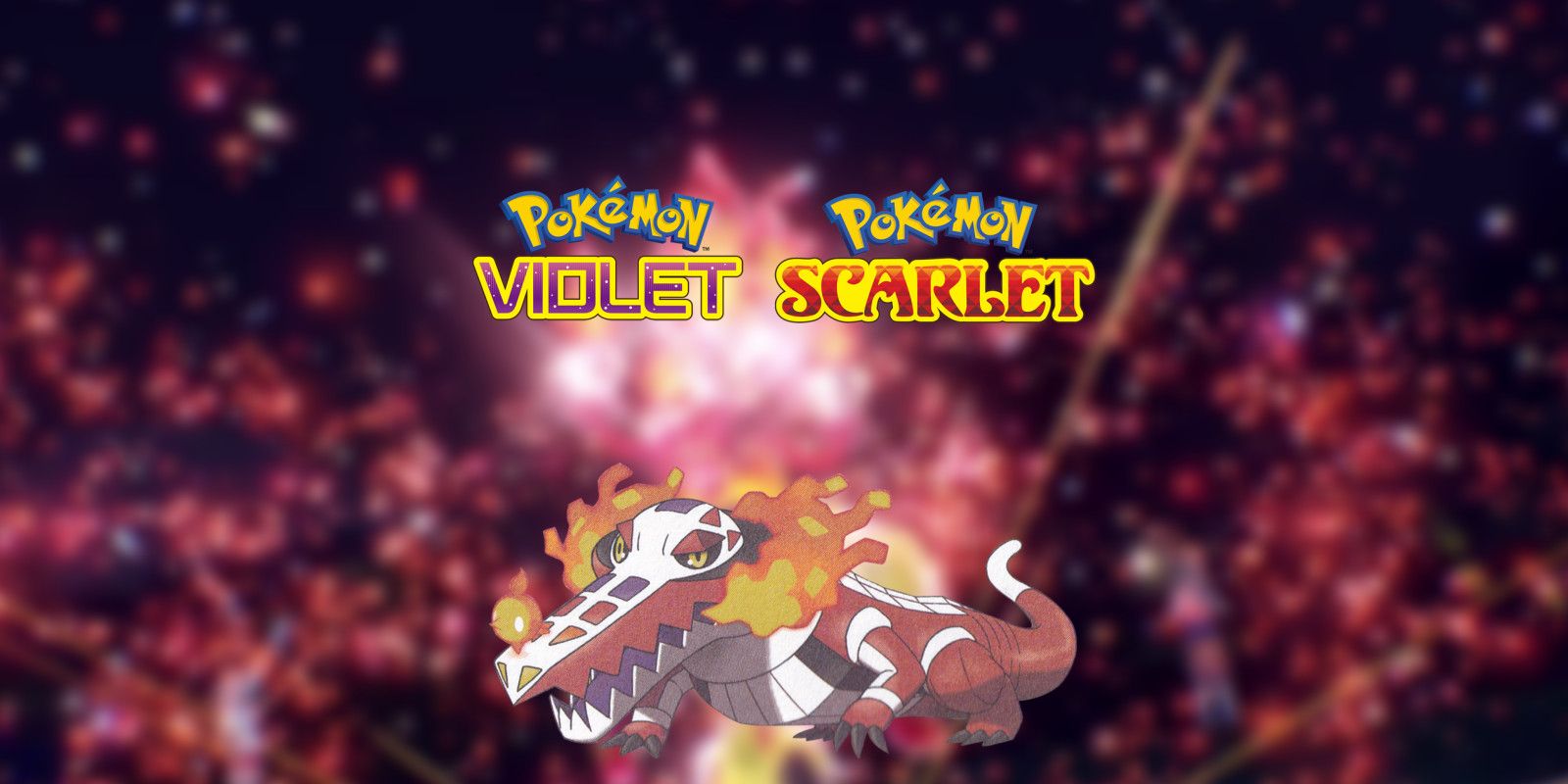 Pokémon Scarlet and Violet logos over Skeledirge on a red particle effect background