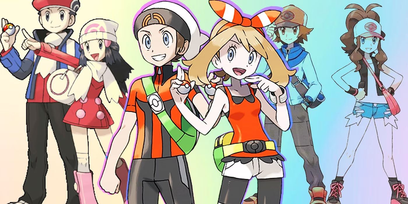 Group of protagonists from Pokémon who are in both the games and anime overlaid on colorful background
