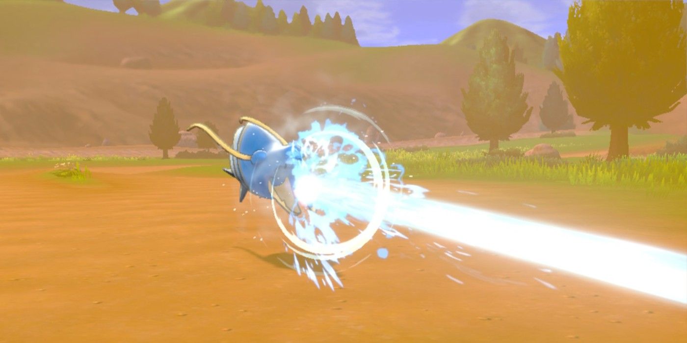 Um Clawitzer usando o movimento do tipo Água Scald em uma batalha Pokémon.