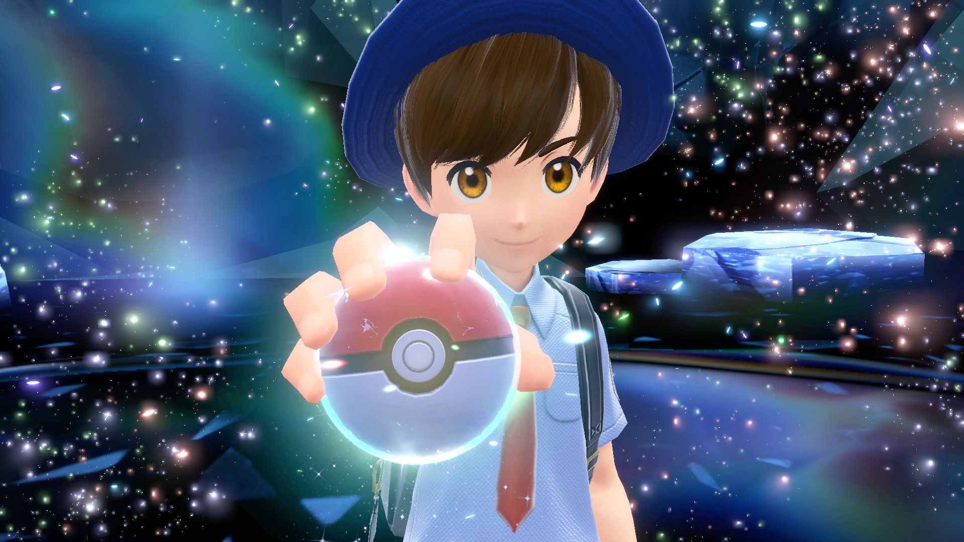 Pokemon Scarlet and Violet Pokemon Trainer Holding Glowing Poke Ball towards the camera