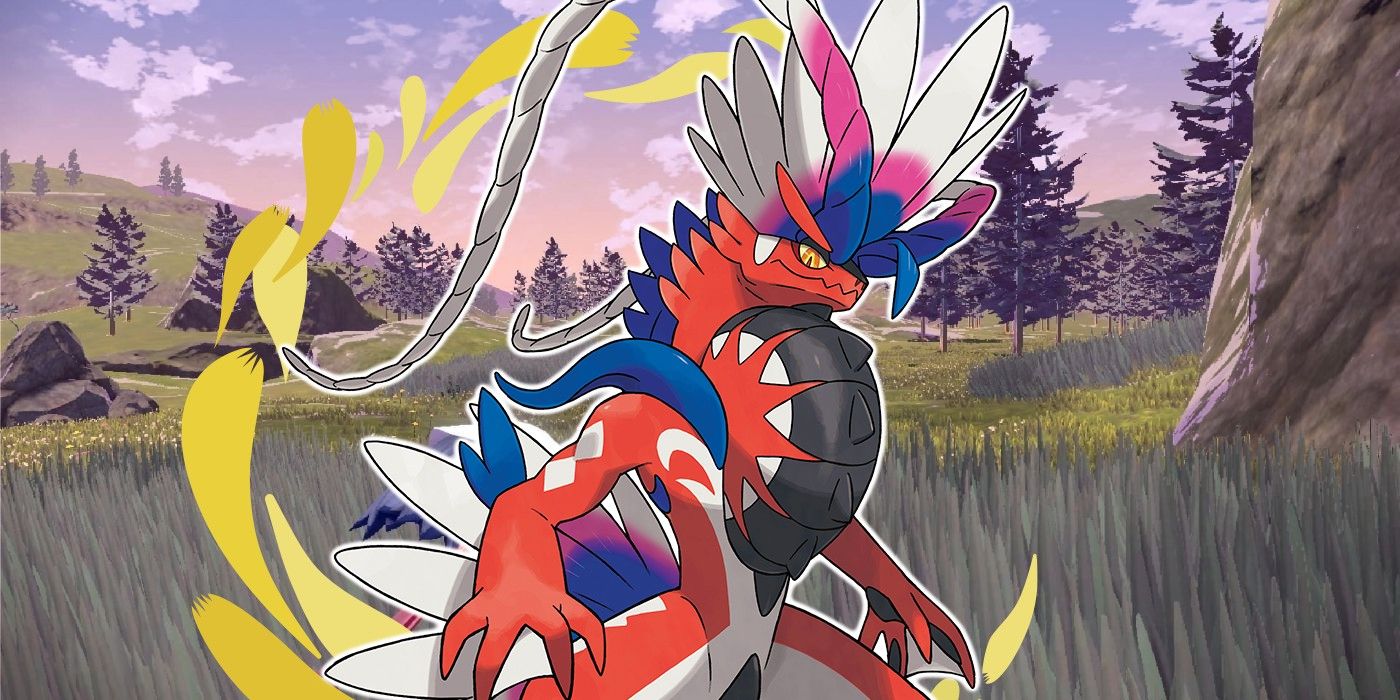 Koraidon in front of the wilderness from Pokemon Legends: Arceus, showing purple sky and grey grass.