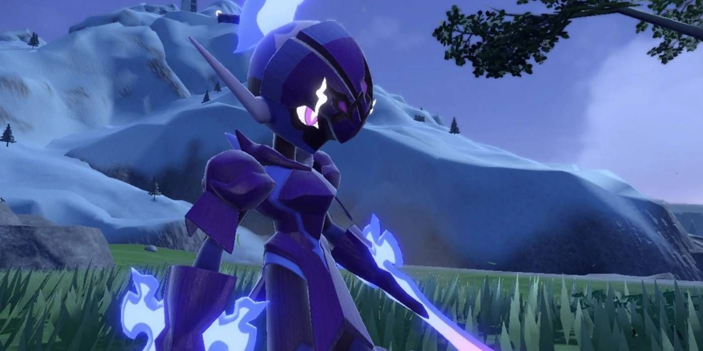 Pokemon Scarlet and Violet Ceruledge at night in the Paldea region with flaming purple armor from the evolution lighting realm