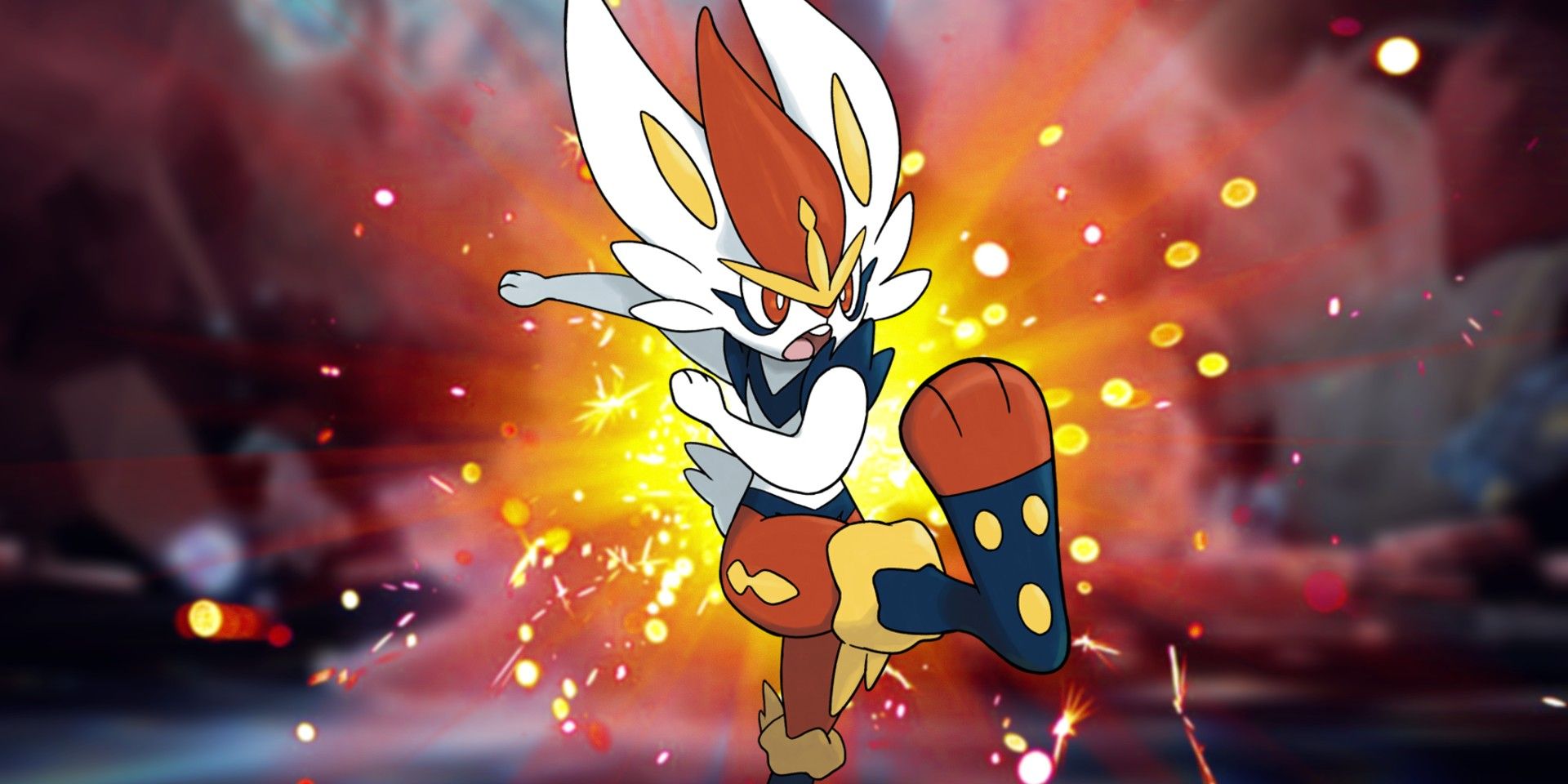 Cinderace de Pokémon pose avec un coup de pied avec une explosion derrière.  En arrière-plan, une grotte Tera de Pokémon Scarlet et Violet. 