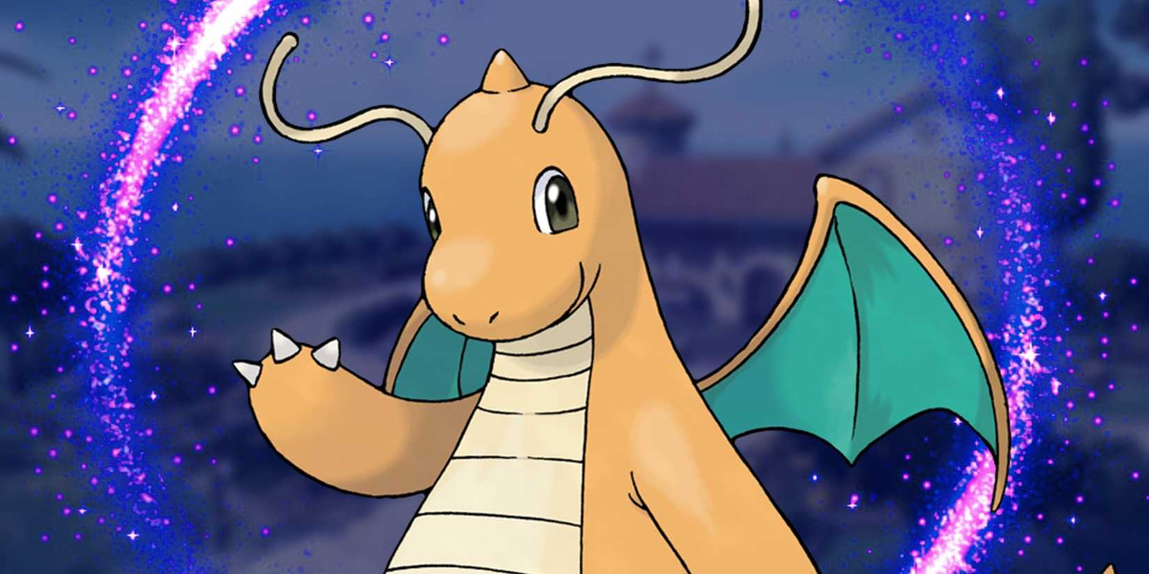 A Dragonite poses happily while a circular purple energy forms behind it. In the background is the region of Paldea.