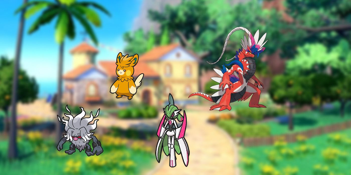 Left to Right: Pokémon Scarlet and Violet's Annihilape, Pawmot, Iron Valiant, and Koraidon