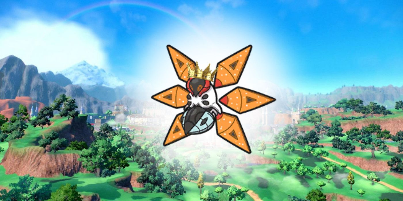 Pokemon Scarlet Violet Iron Moth parado em um fundo verde exuberante com uma coroa