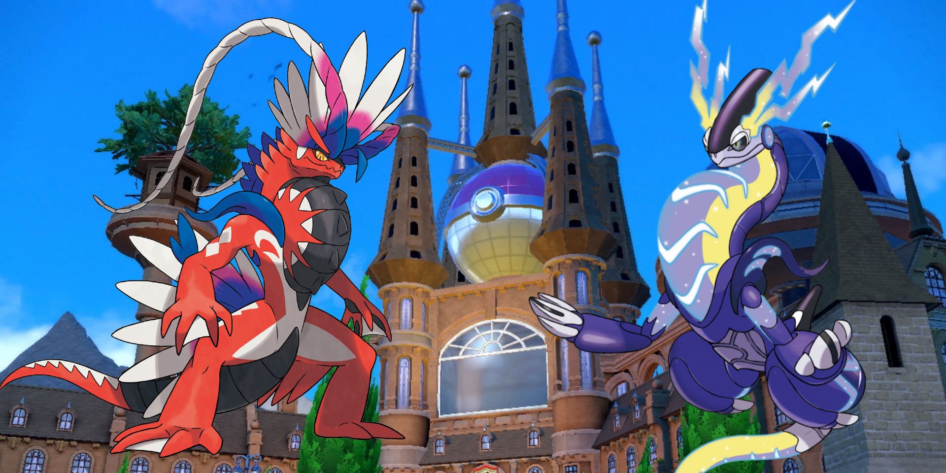 Koraidon and Miraidon from Pokemon Scarlet and Violet over an image of the school from the games