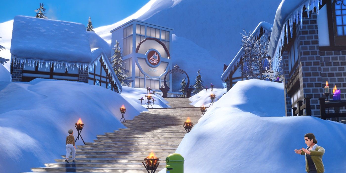 Montenevera in Pokémon Scarlet & Violet, a snow-covered town in Paldea's mountains, where stairs and sidewalks are lined with torches for warmth.