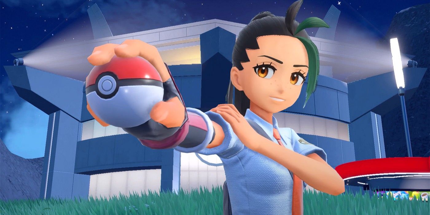 Nemona en la Liga Pokémon de Paldea en Pokémon Escarlata y Violeta con el brazo extendido y una Pokébola en la mano