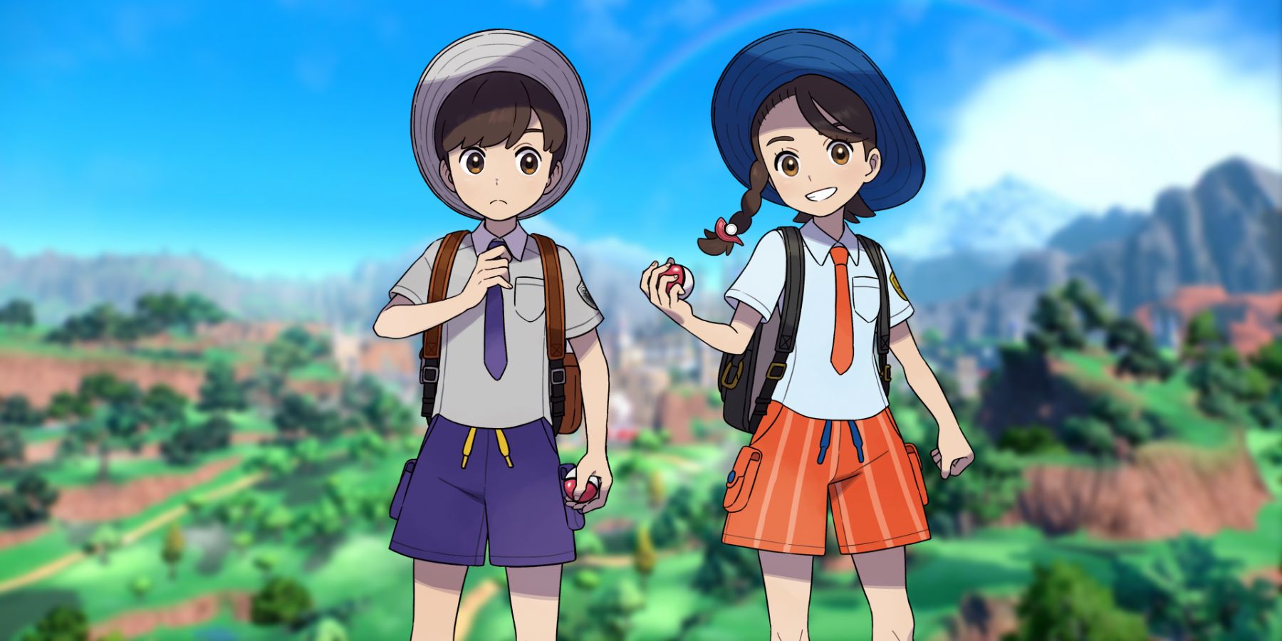 Official artwork of Pokémon Scarlet and Violet's default main characters, Florian and Juliana, superimposed over a blurred vista showing the games' open world Paldea region.