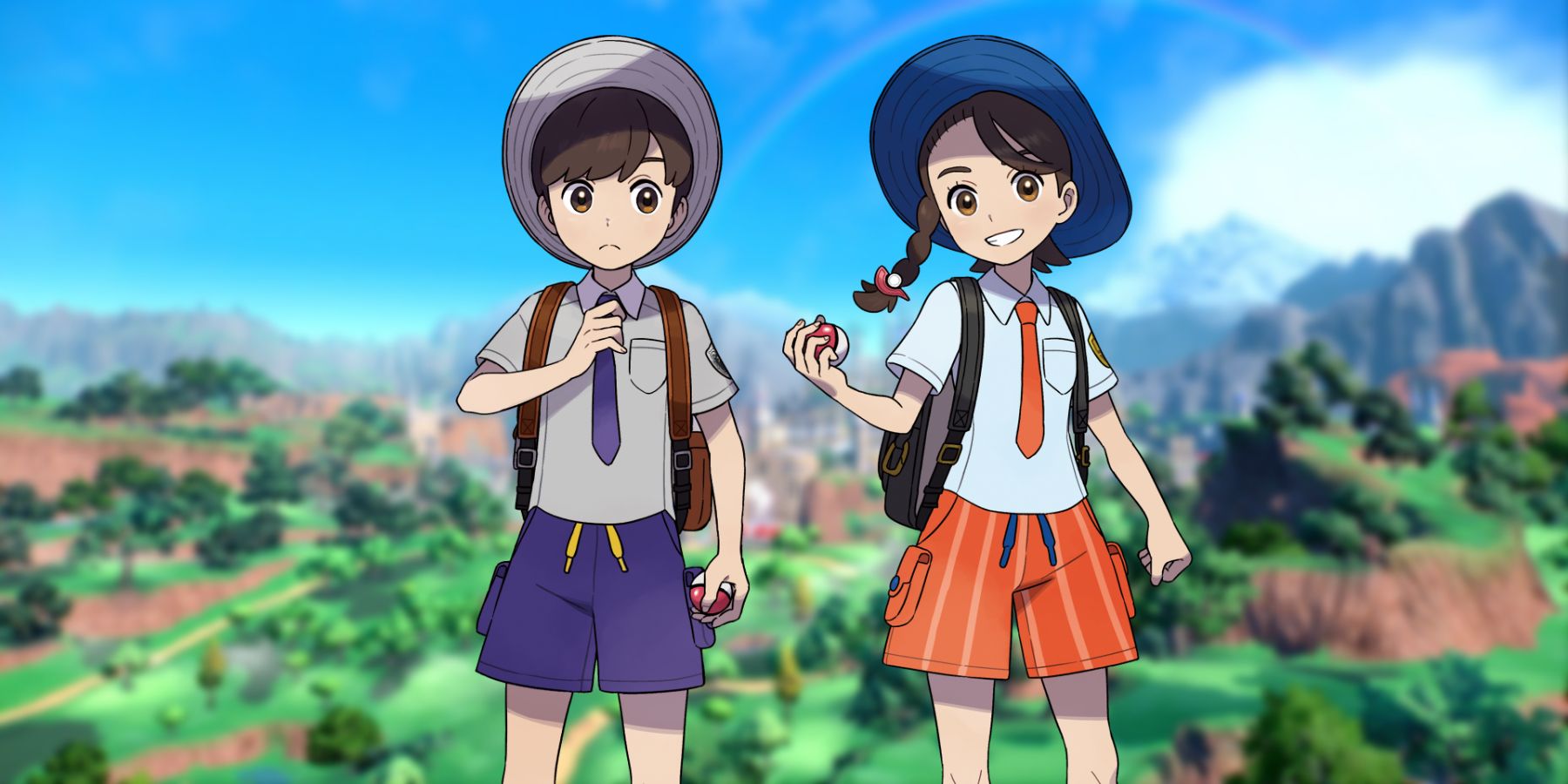 La obra de arte oficial de los personajes principales de Pokémon Scarlet y Violet, Florian y Juliana, se superpone a un paisaje borroso que muestra la región de mundo abierto de Paldea.