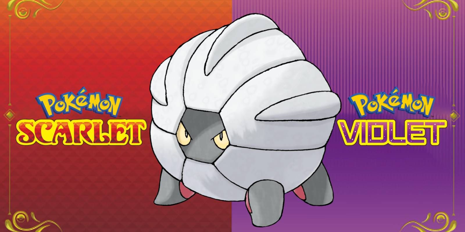 Pokémon Scarlet y Violet Shelgon junto a los logotipos de ambos juegos a pesar de ser exclusivos de Pokémon Violet