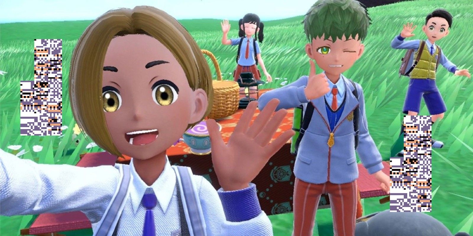 A picnic screenshot from Pokémon Scarlet and Violet overlaid with two MissingNo.