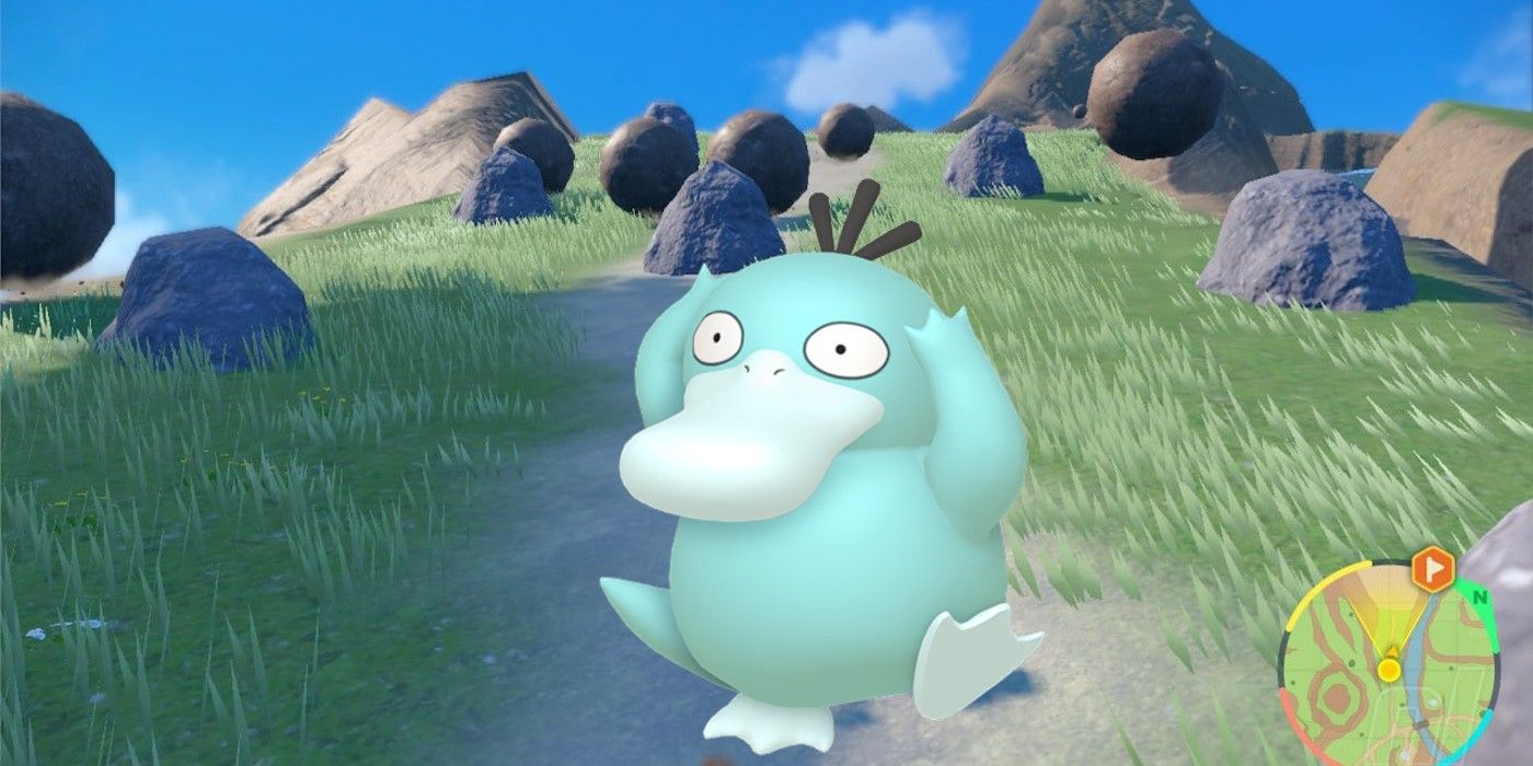 A Shiny Psyduck sprite superimposed on Pokémon Scarlet and Violet's West Province.