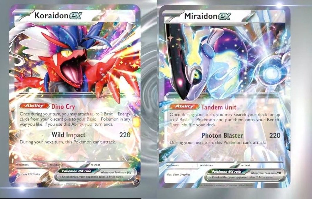 Pokemon TCG Koraidon ex and Miraidon ex cards side-by-side.