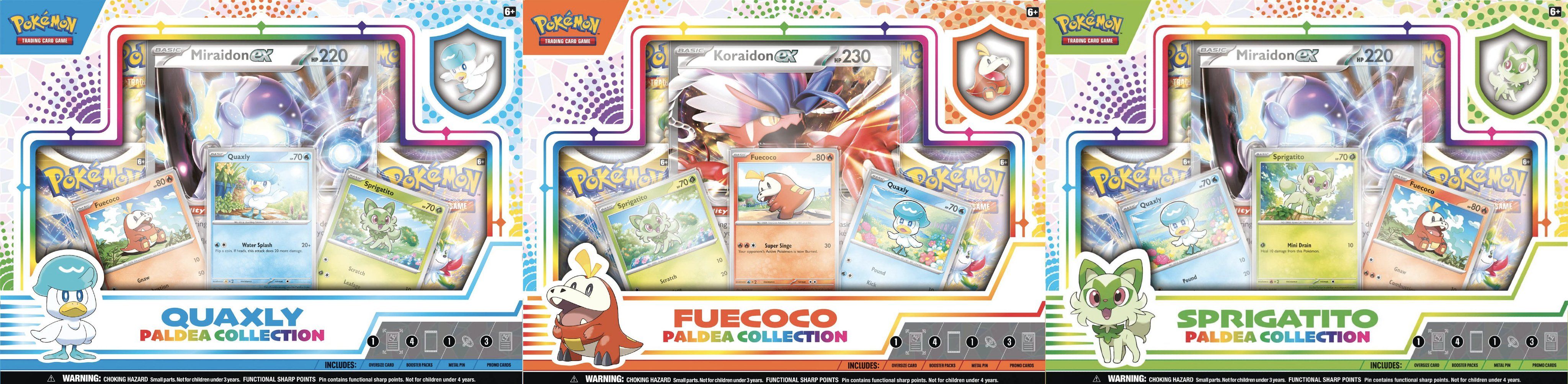 Pokemon TCG Paldea Collections, from left to right: Quaxly, Fuecoco, and Sprigatito.