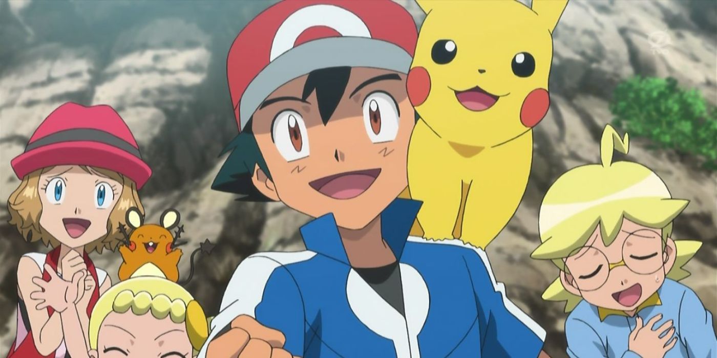 Ash with Pikachu standing on his shoulder in Pokemon XY.