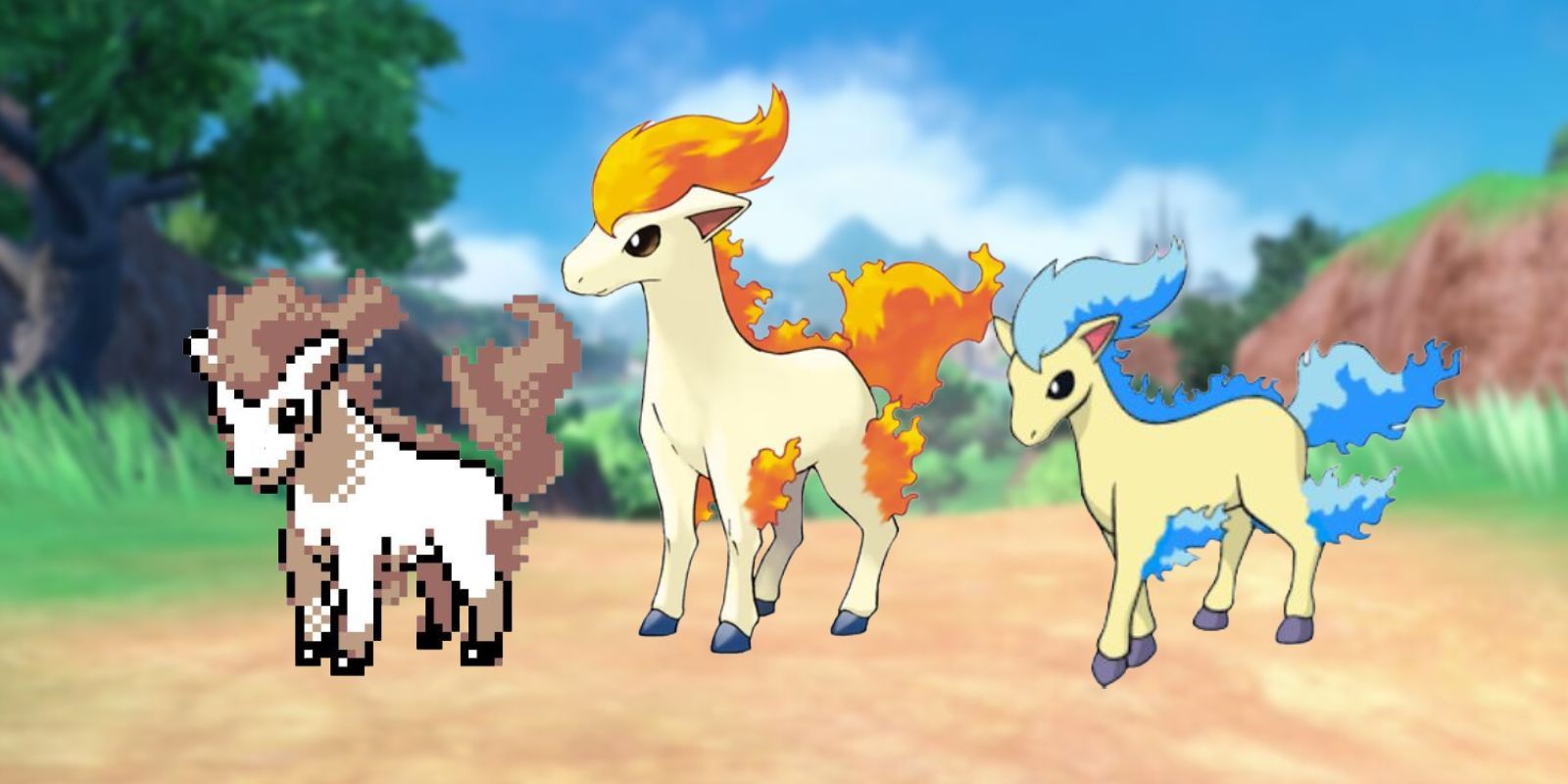Ponyta in regular form and flanked by the old shiny and new shiny forms