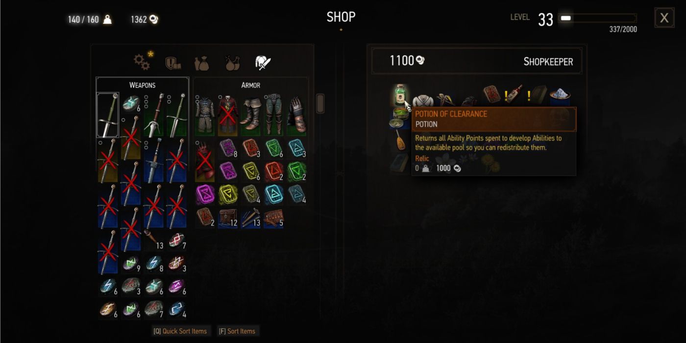 A Poção de Liberação no menu de inventário de Geralt em The Witcher 3.