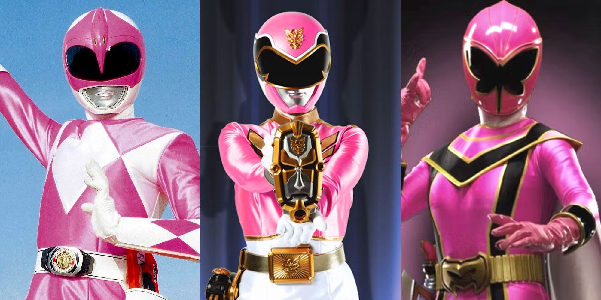 A split image features the Pink Power Rangers from the Mighty Morphin, Megaforce, and Mystic Force series