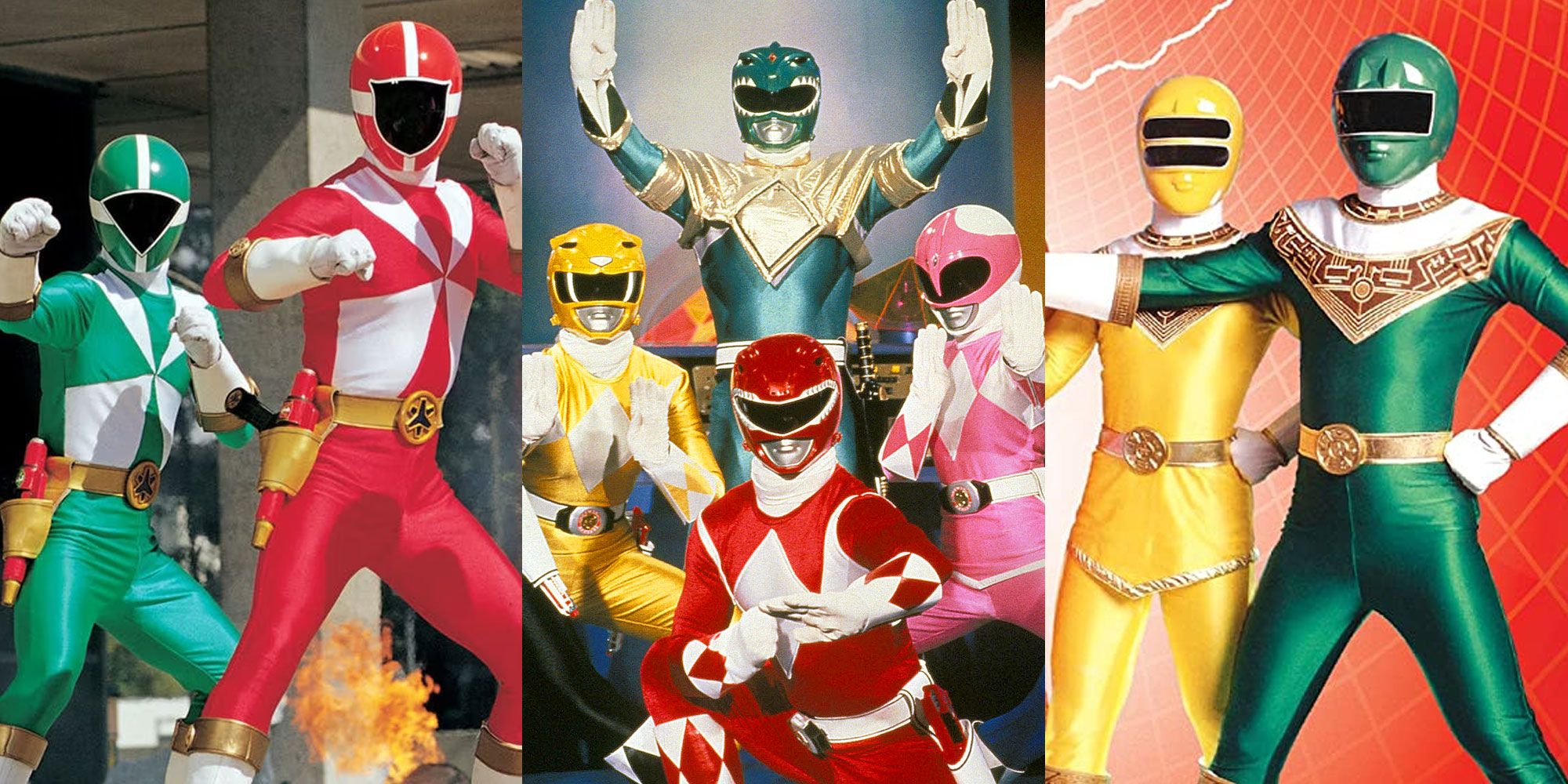 A split image features the Power Rangers Lightspeed Rescue, Mighty Morphin, and Zeo teams