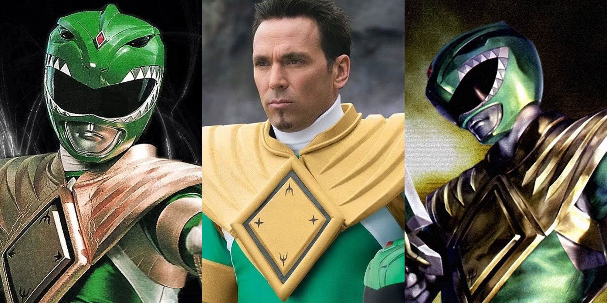 A split image features the original Green Mighty Morphin Power Ranger, Jason David Frank as Tommy Oliver in Super Megaforce, and the Green Ranger in Boom Studios comics