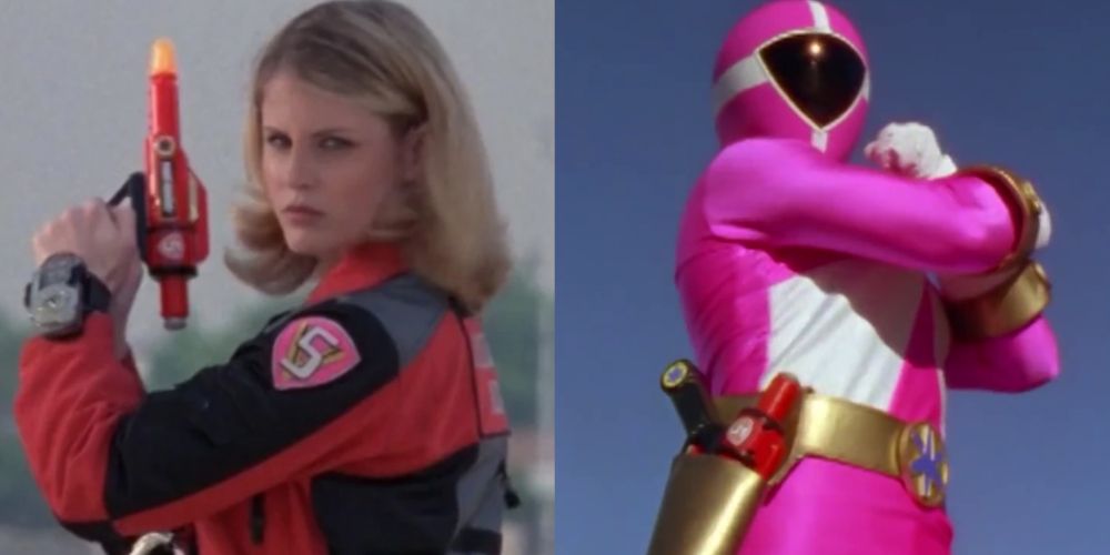 A split image features Dana in Power Rangers Lightspeed Rescue in her first responder jacket and her Pink Ranger uniform