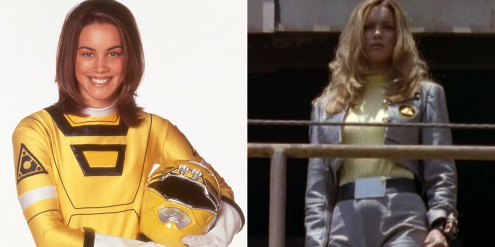 Uma imagem dividida mostra a Ranger amarela Ashley em Power Rangers Turbo e Power Rangers no espaço