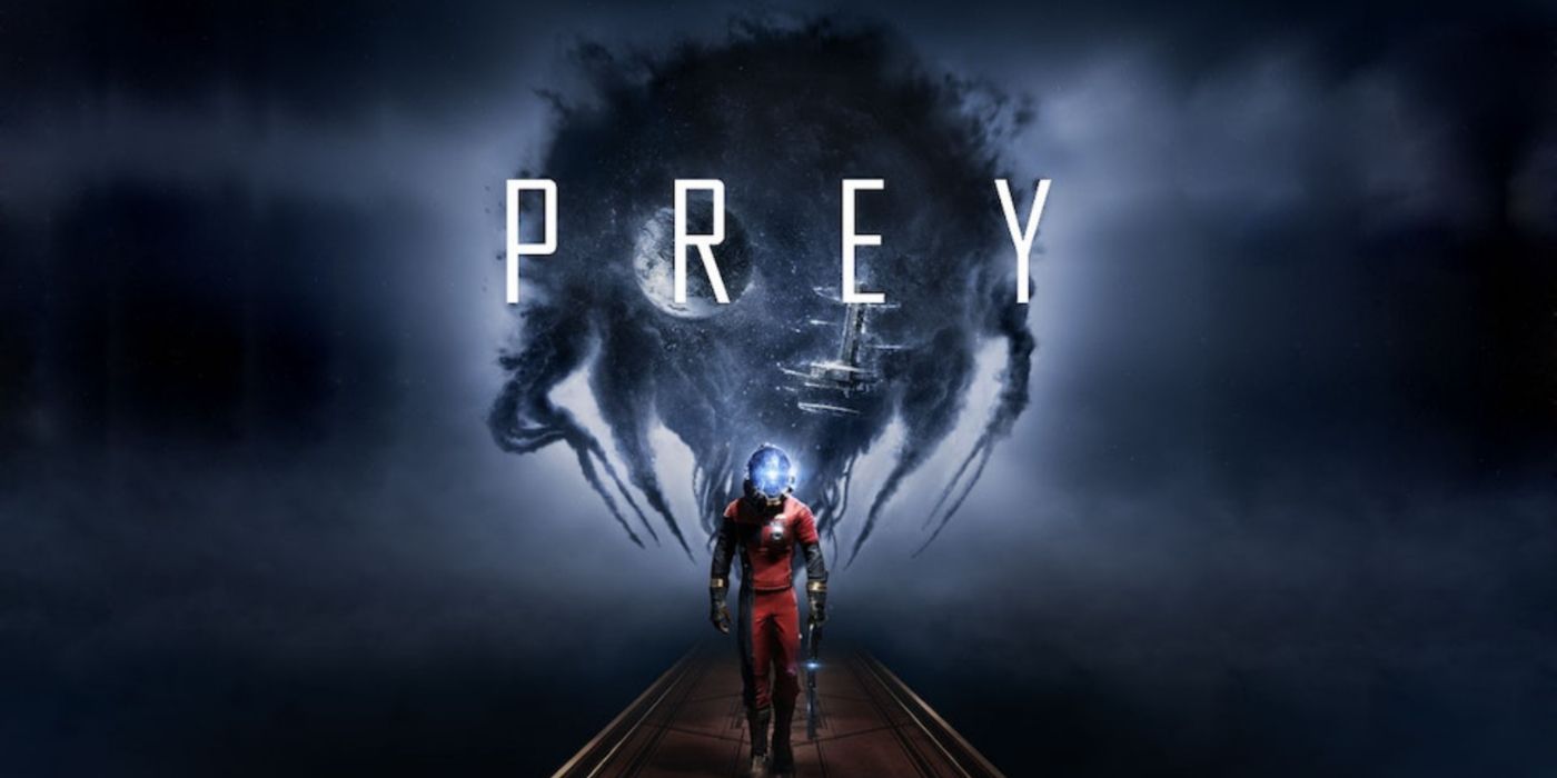 Arte promocional de Prey apresentando Morgan em seu traje e um Typhon metamorfo aparecendo atrás dele.