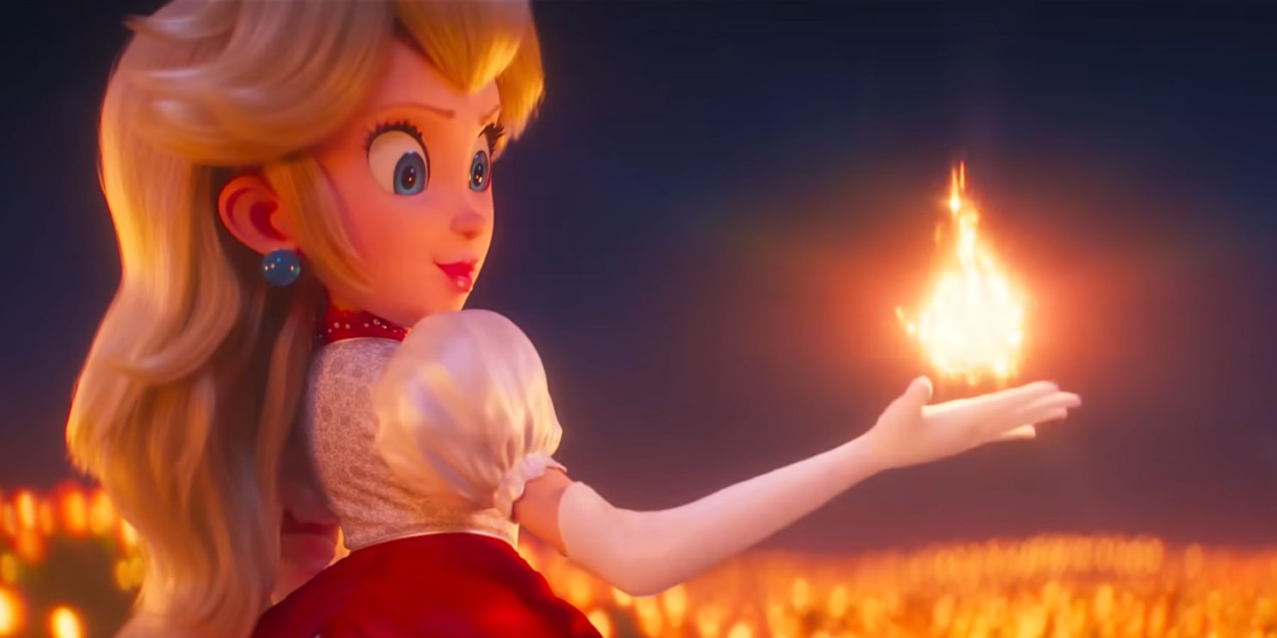 Princess Peach holds fire in the palm of her hand in the animated Super Mario Movie.