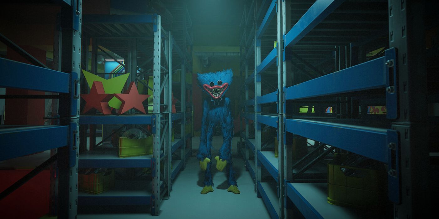 Huggy Wuggy standing menacingly between warehouse shelves in Project: Playtime.