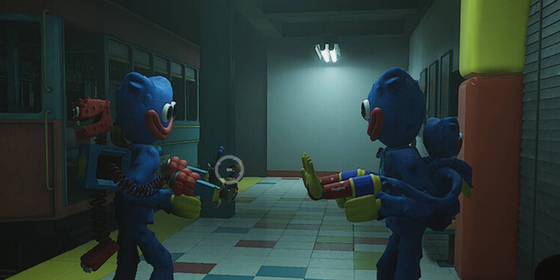 A screenshot from Project: Playtime showing two Survivors in Huggy Wuggy costumes standing next to a train.