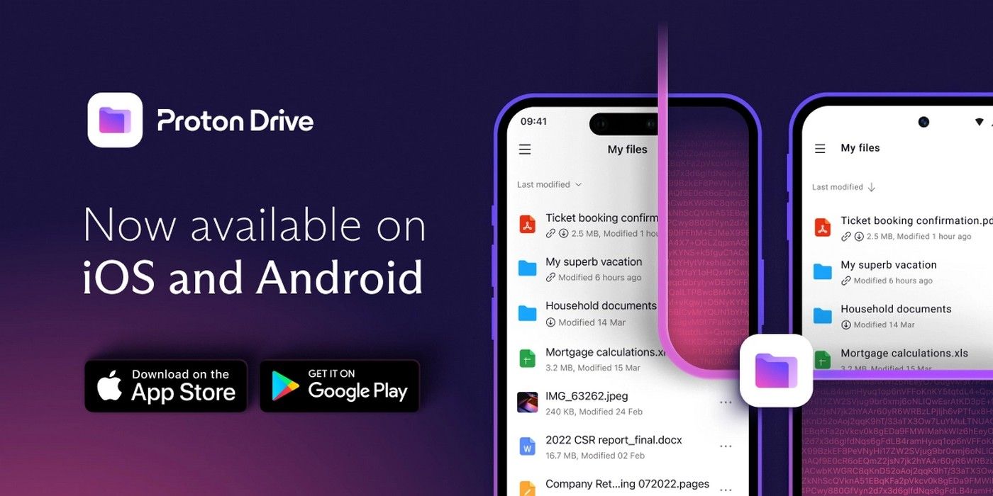 Proton Drive screenshots pictured on Android and iPhone next to the App Store and Play Store download buttons