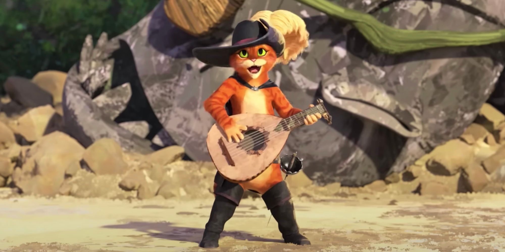 Puss in Boots playing his guitar in The Last Wish.