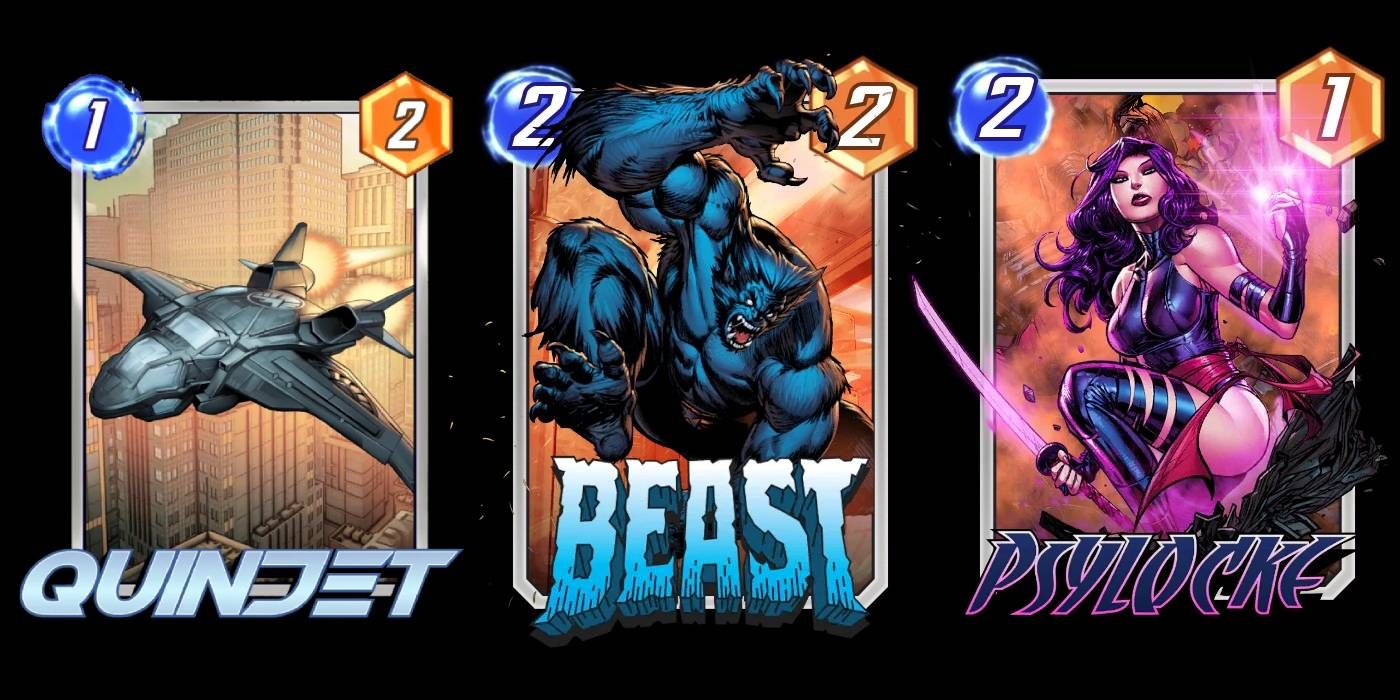 Cartões Marvel Snap Quinjet, Besta e Psylocke com custo de energia e valor de poder exibidos