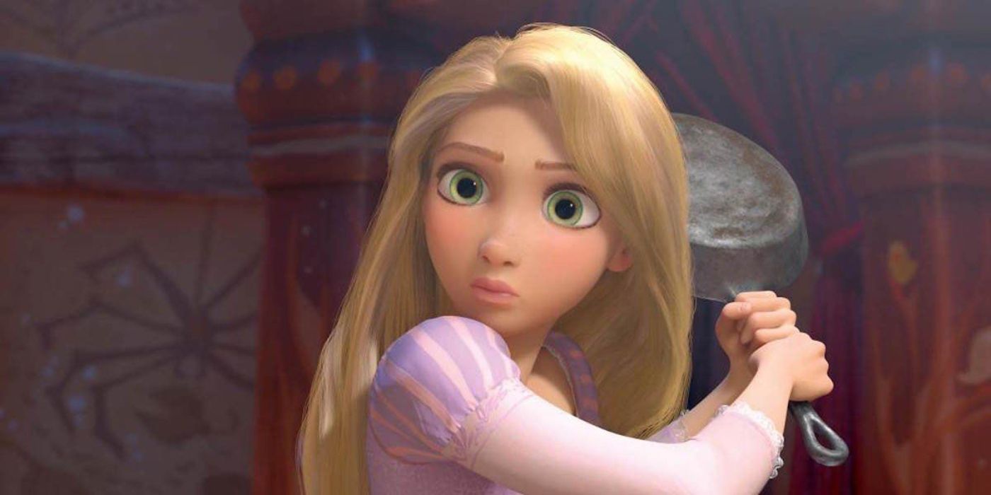 Rapunzel is holding her frying pan in Tangled.