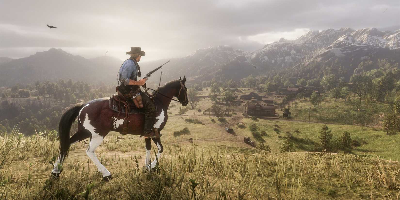Arthur Morgan riding a horse with a rifle in Red Dead Redemption 2.