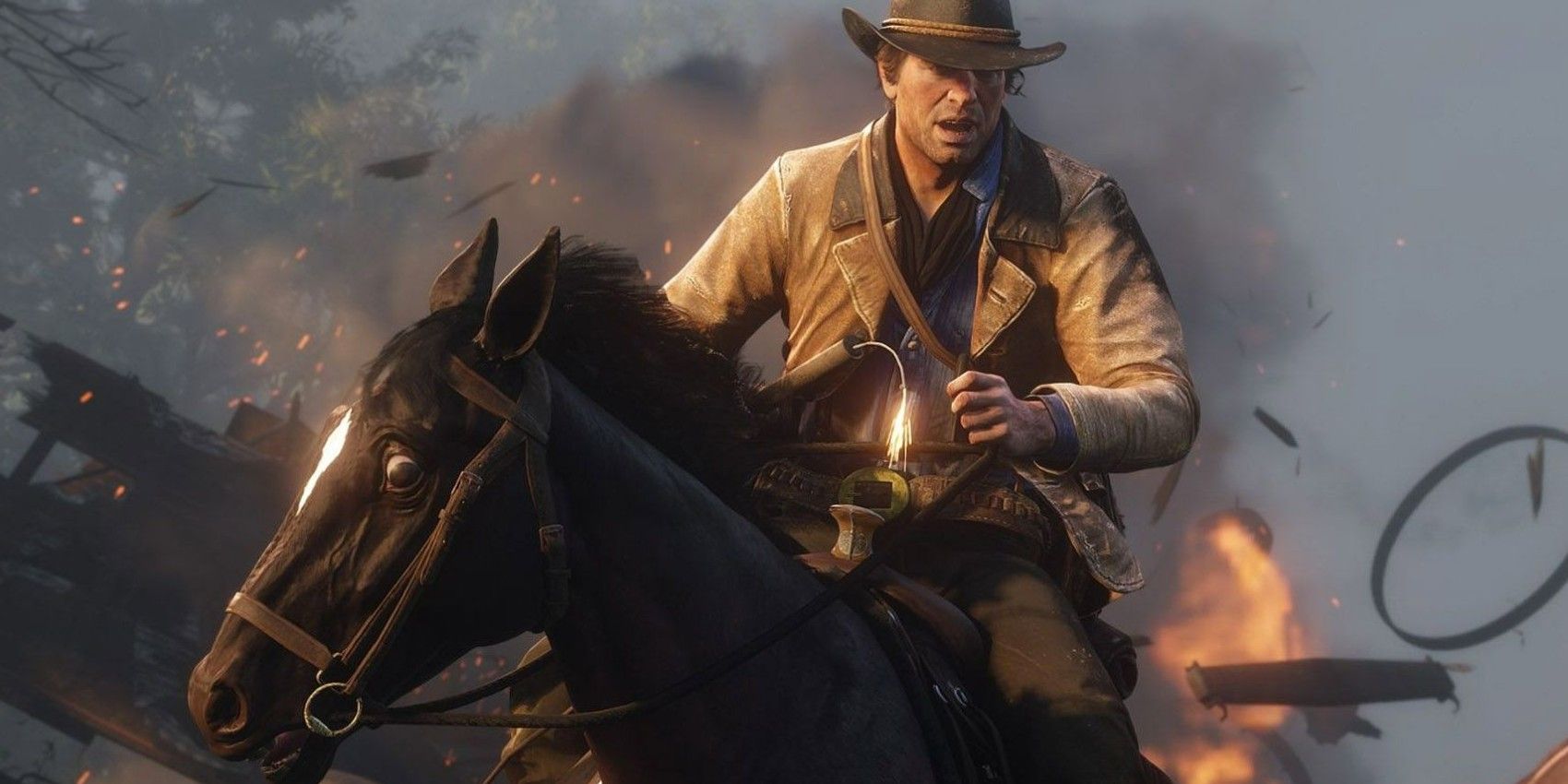 Arthur Morgan monta a caballo para escapar de una explosión en Red Dead Redemption 2.