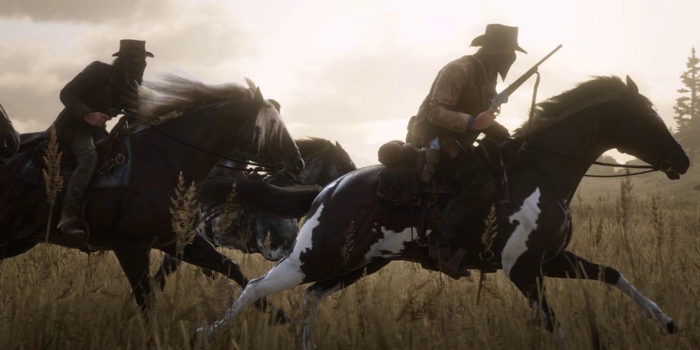 Arthur and John riding horses through a field of wheat in RDR2.